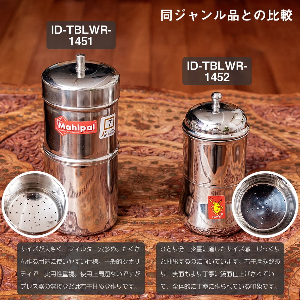 南インド式・フィルターコーヒーメーカー ステンレス製 コーヒーフィルター〔約16.5cm×約6.8cm〕マドラスコーヒー 美味しいフィルターコーヒー 南インドコーヒー作りへ1枚目の下部説明写真です