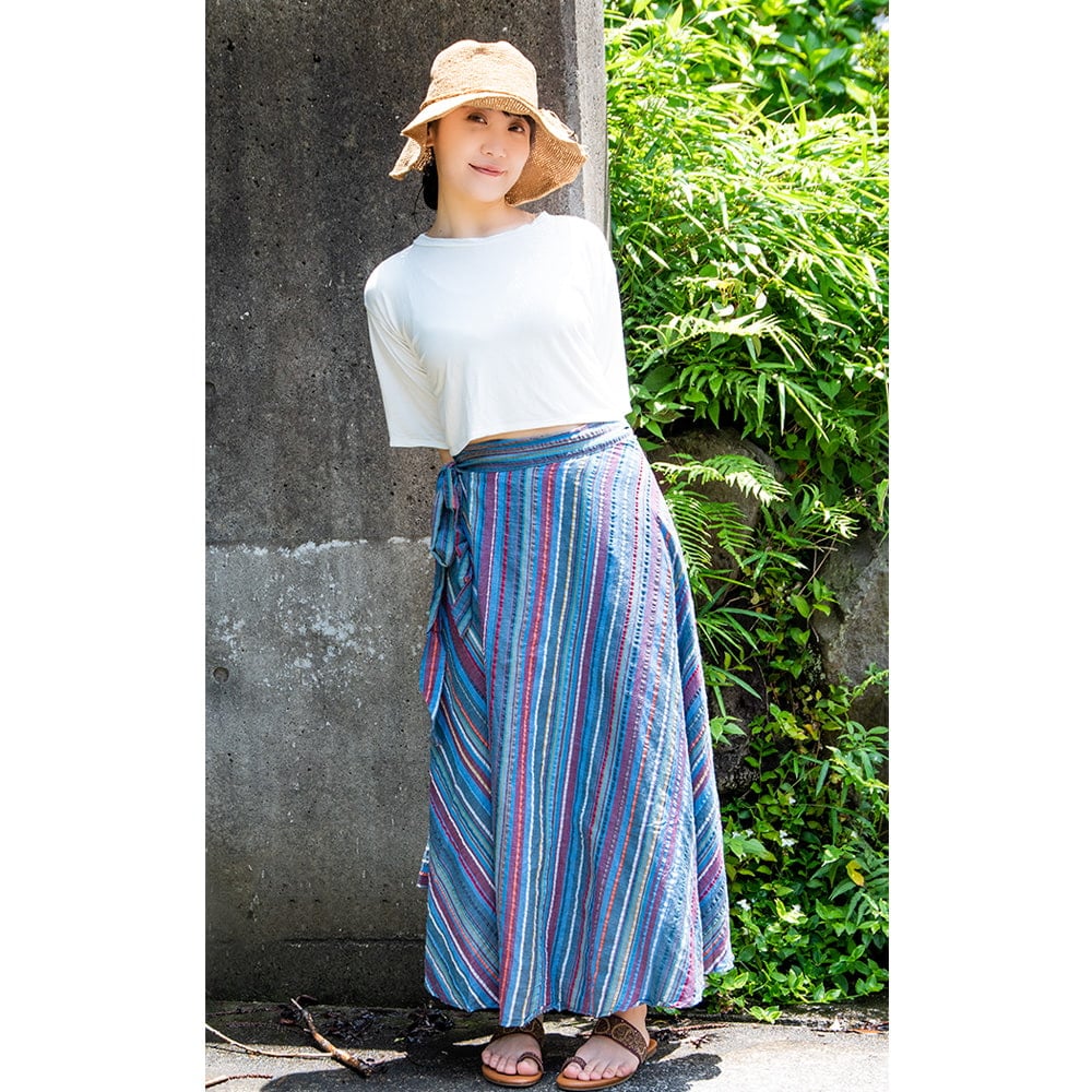 ストライプコットンのラップスカート【ロング】4枚目の説明写真です