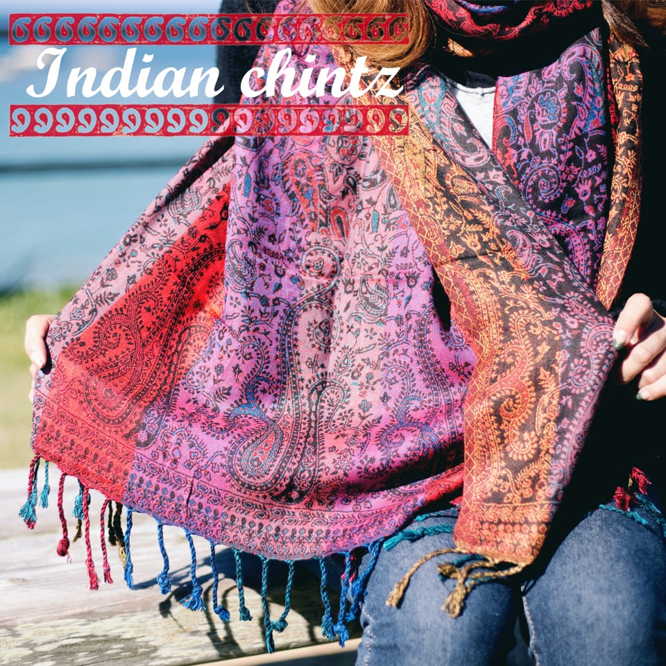 〔200cm×70cm〕インド更紗 伝統チンツ柄ストール - 紫系アソート1枚目の説明写真です