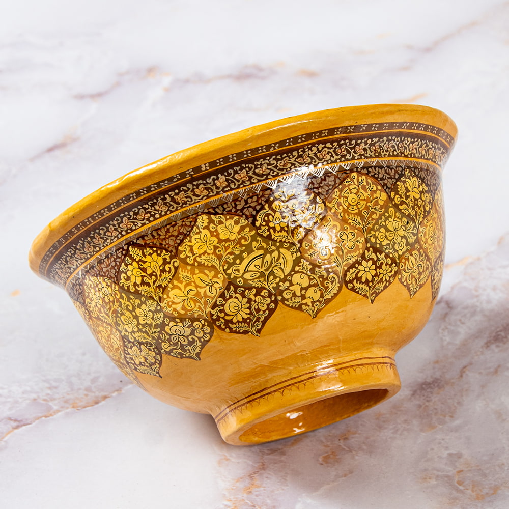 【超高精細・一点もの】カシミールのペーパーマッシュ 格子花柄 黄 椀型小物入れ 約11.5cm x 約11.5cm1枚目の説明写真です