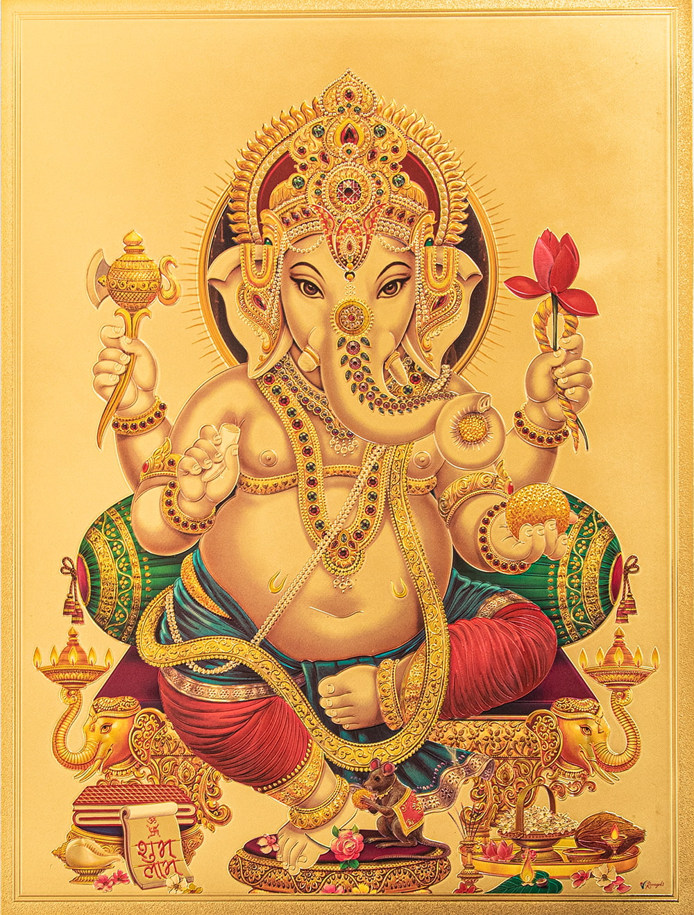 〔約40cm×約30cm〕インドのヒンドゥー神様ゴールドポスター - ガネーシャ 学問と商売の神様1枚目の説明写真です