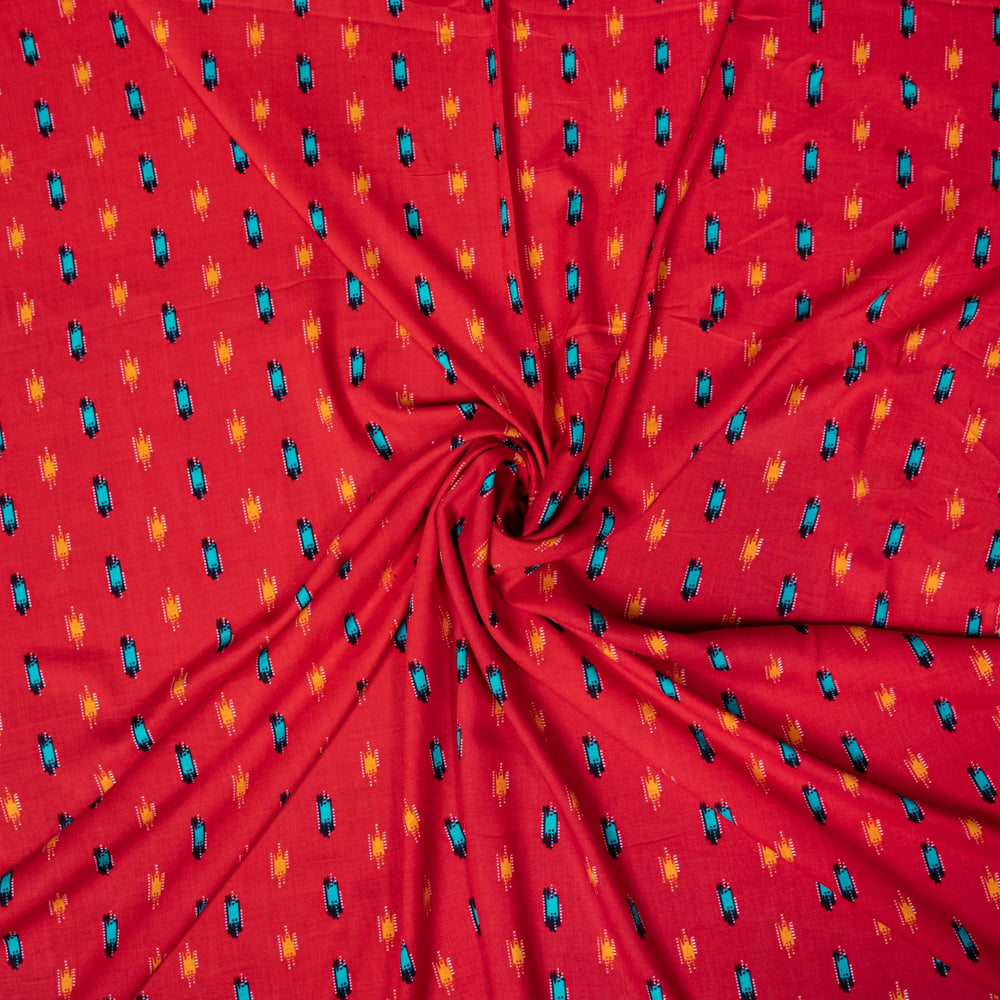 〔1m切り売り〕南インドの絣織り風パターン布〔約106cm〕 - 赤1枚目の説明写真です