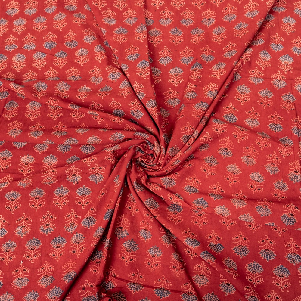 〔1m切り売り〕アジュラックプール村からやってきた　昔ながらの木版染め更紗模様布〔約111cm〕 - レッド系1枚目の説明写真です