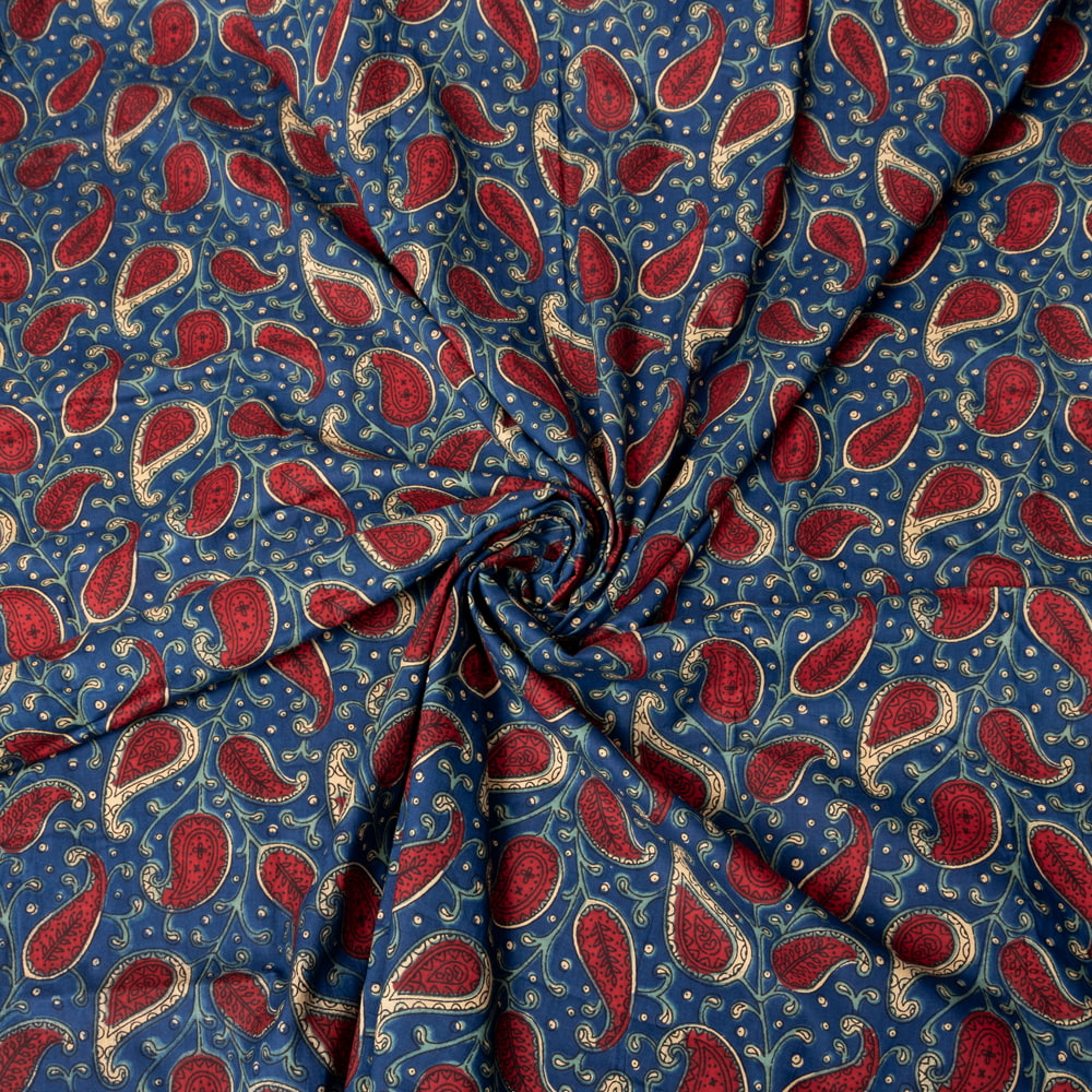 〔1m切り売り〕伝統息づく南インドから　昔ながらの更紗模様布〔約109.5cm〕ネイビー×レッド系1枚目の説明写真です