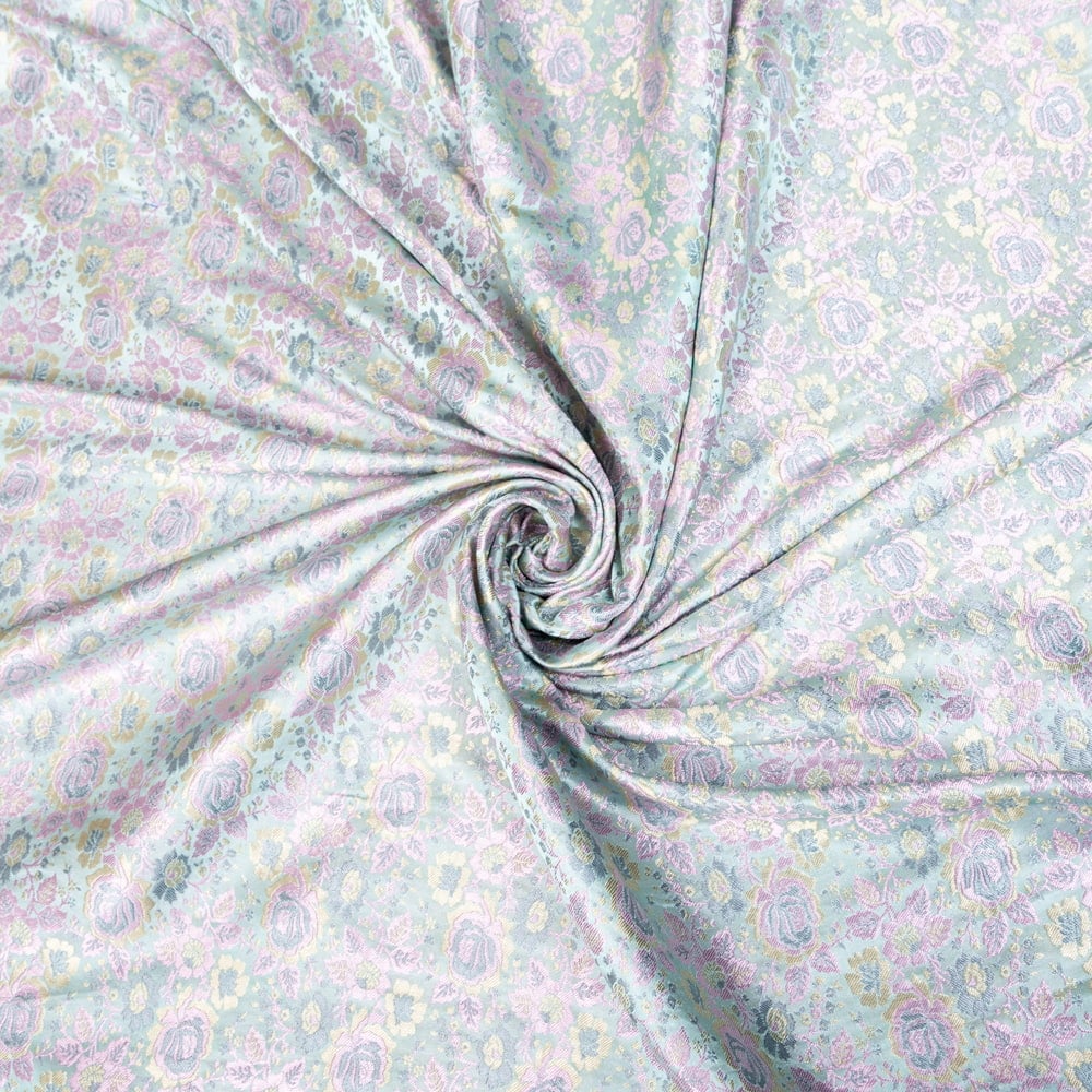 〔1m切り売り〕インドの伝統模様布　光沢感のあるブロケード生地〔約120cm〕ミント×ピンク系1枚目の説明写真です
