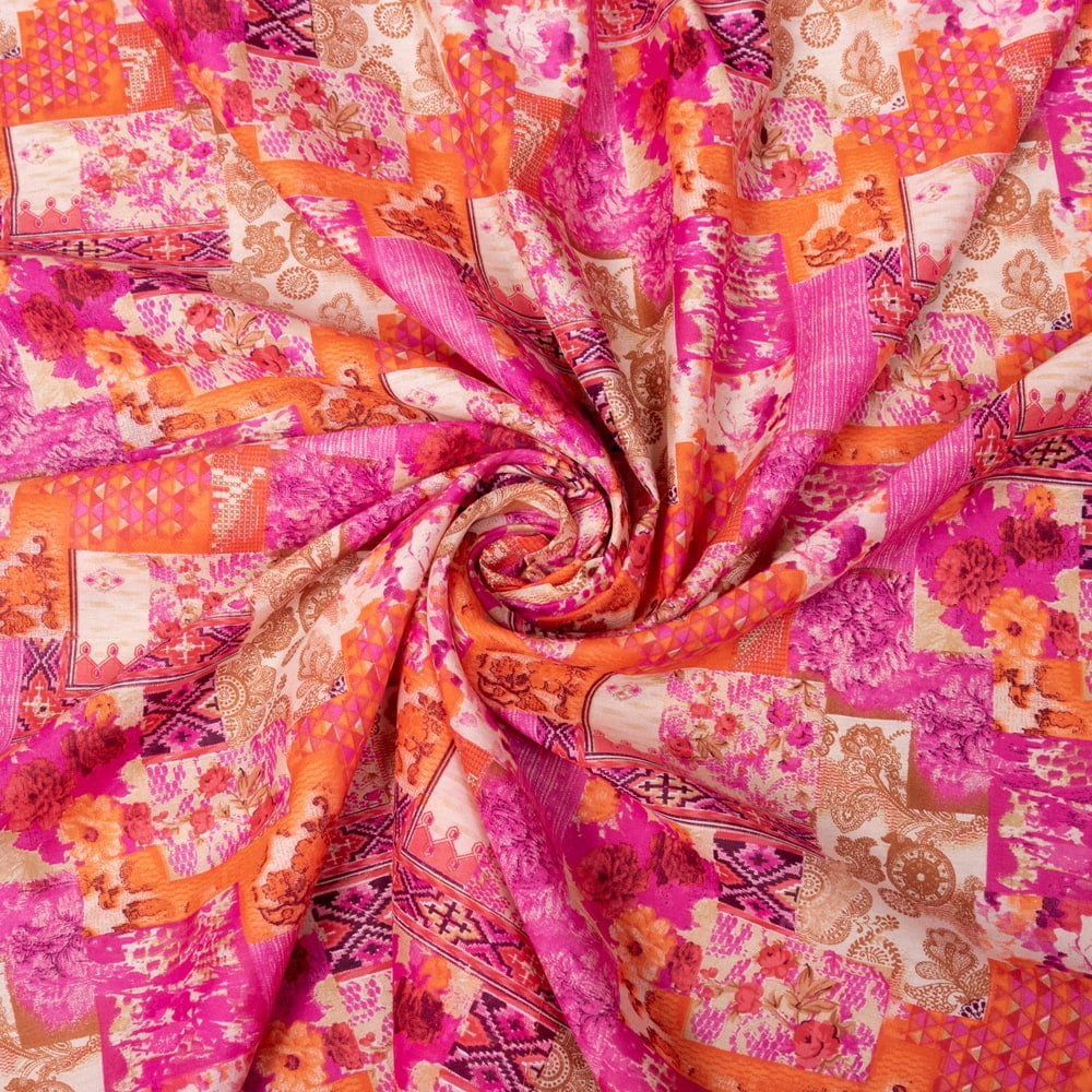 〔1m切り売り〕インドの伝統模様布〔約106cm〕ピンク×橙×ベージュ系1枚目の説明写真です