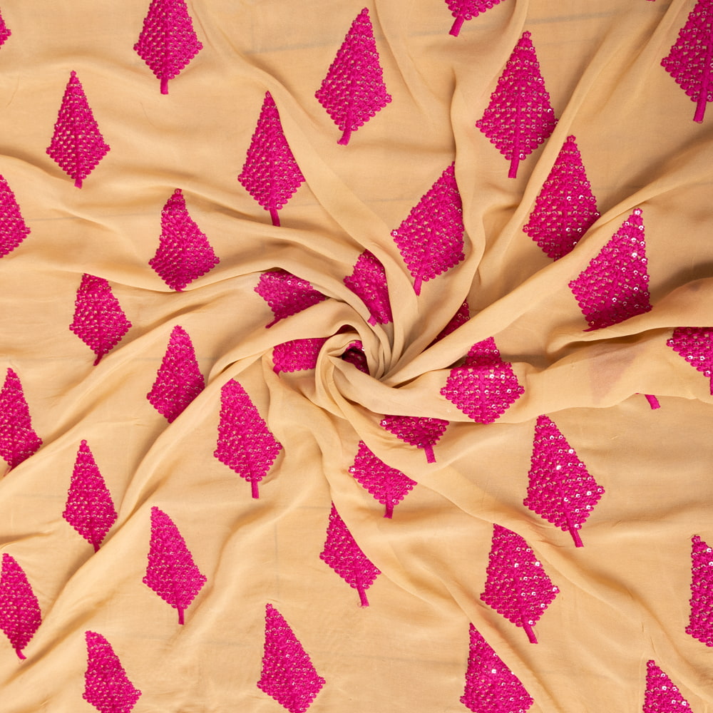 〔1m切り売り〕インドのスパンコール刺繍付き　シフォン生地布〔約106cm〕ベージュ系1枚目の説明写真です