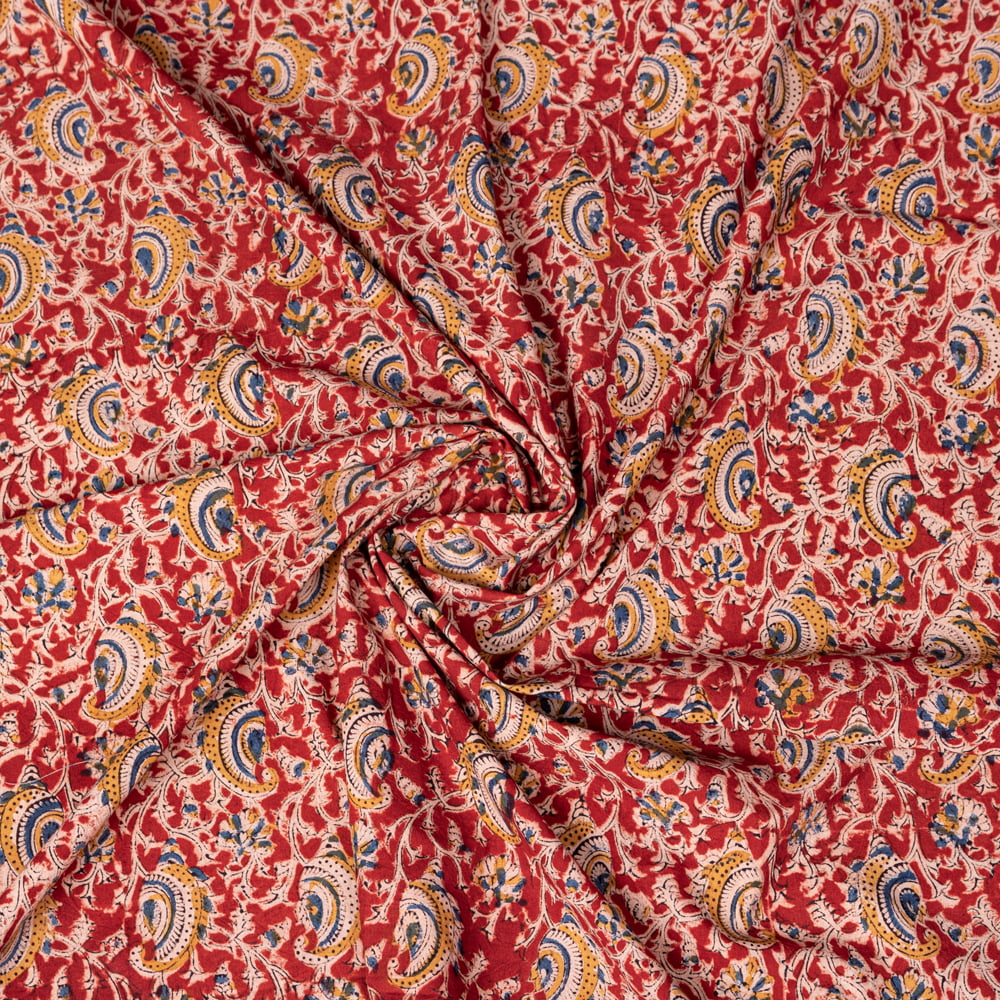〔1m切り売り〕伝統息づく南インドから　昔ながらの木版染め更紗模様布 - 赤系〔横幅:約116cm〕1枚目の説明写真です