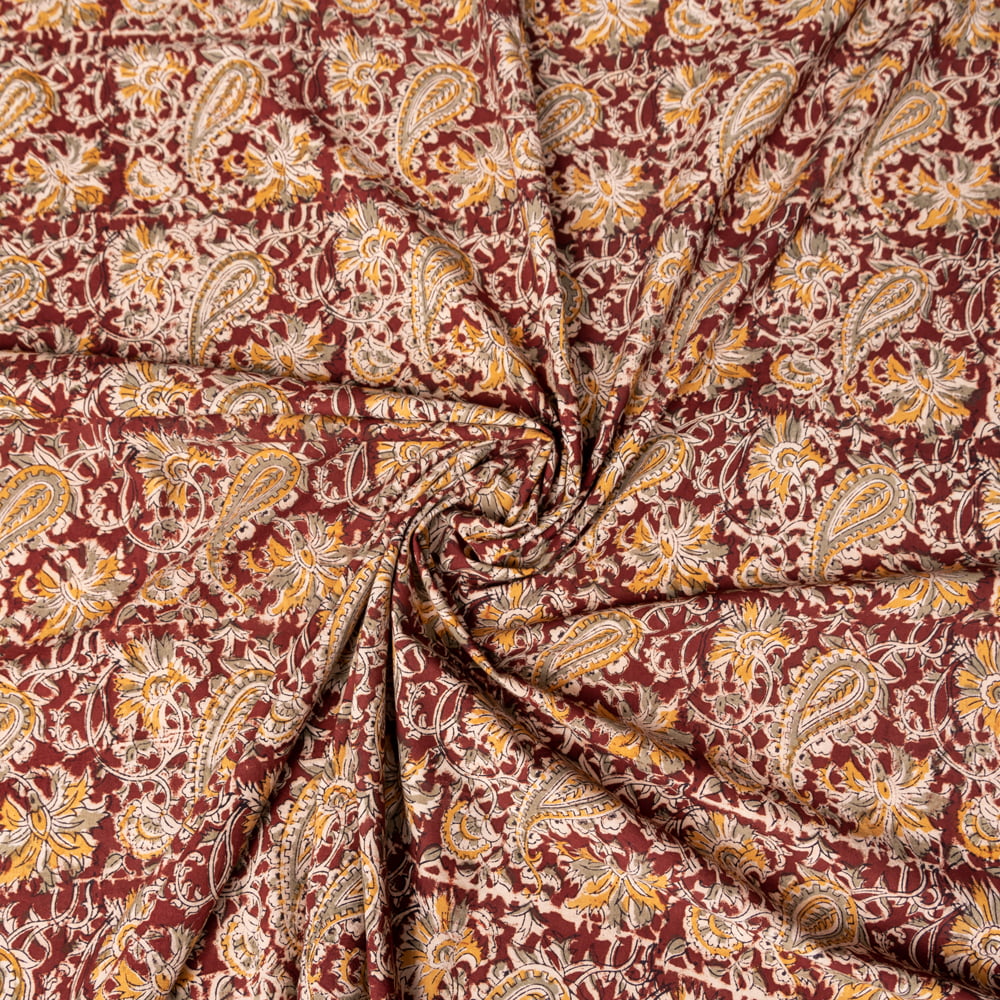 〔1m切り売り〕伝統息づく南インドから　昔ながらの木版染め更紗模様布 - 茶色系〔横幅:約116cm〕1枚目の説明写真です