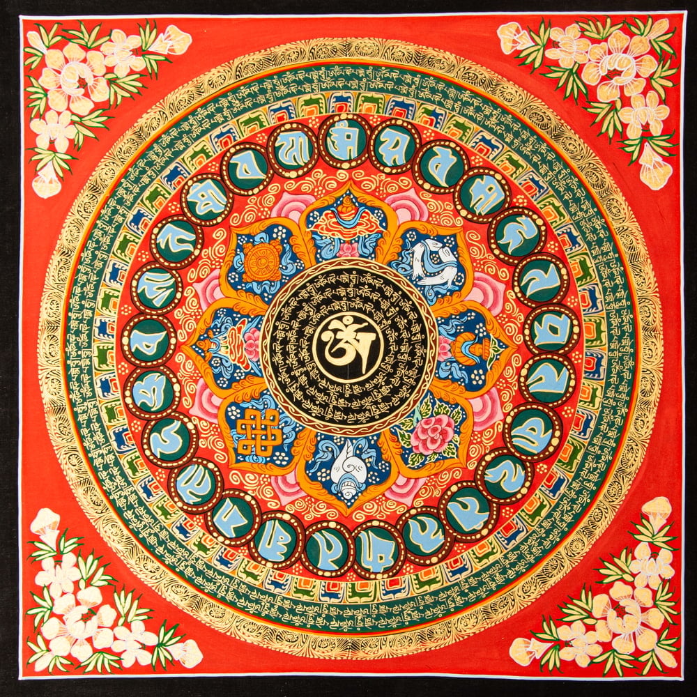 〔一点物〕タンカ - オーンと八吉祥 六字真言マントラ曼荼羅 54×54cm1枚目の説明写真です