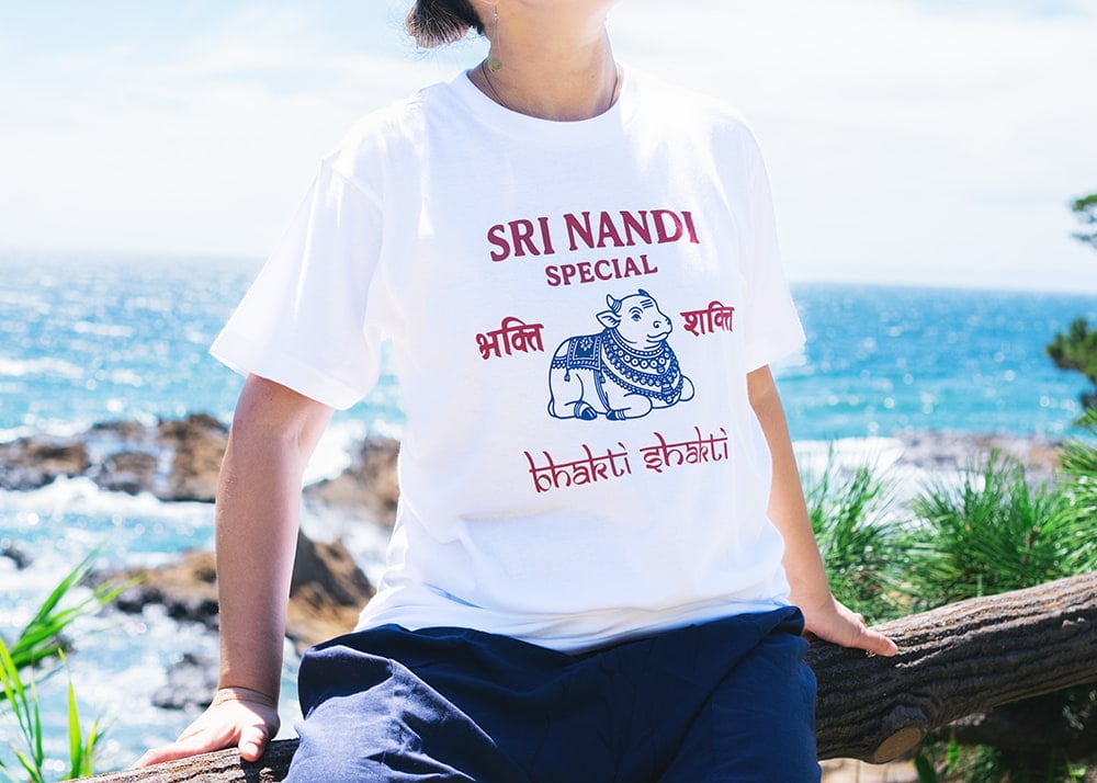 ナンディ 聖牛デザインTシャツ|南インドで親しまれている ナンディ石像モチーフ ヒンディー語 ナンディン 5.6oz生地 綿 コットン100%1枚目の説明写真です
