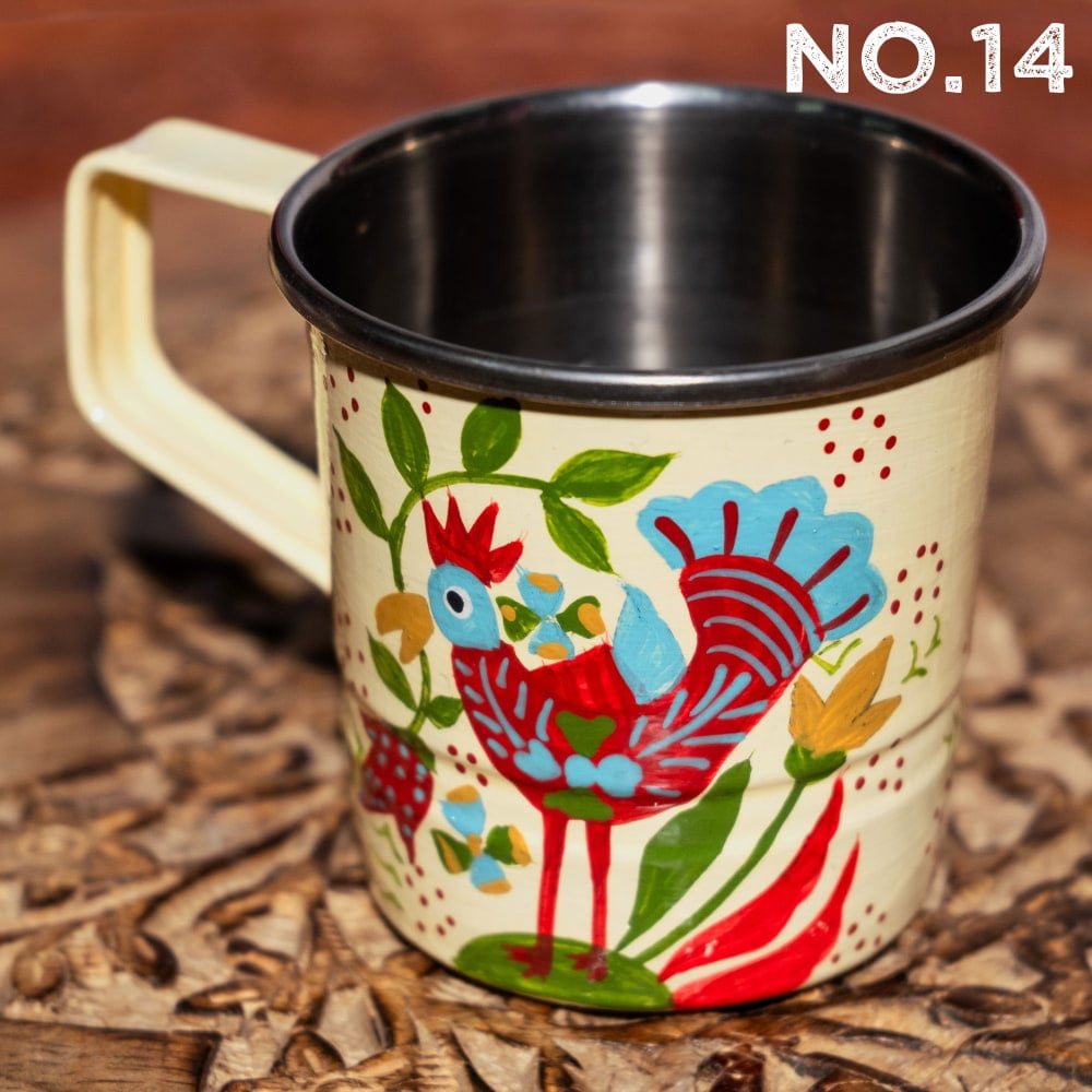 どこか懐かしいレトロテイスト　手描きカシミールペイントのミニマグカップ[直径：6cm x 高さ：5.9cm ] 15枚目の下部説明写真です