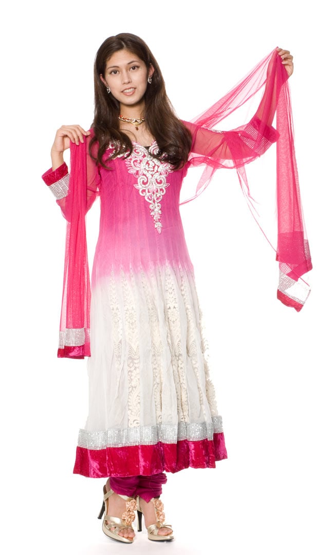 【1点物】インドのゴージャスパンジャービードレス-白×ピンク