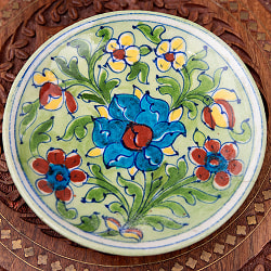 〔直径：12.5cm〕ブルーポッタリー ジャイプール陶器の円形飾り皿・小物入れ - 緑系
