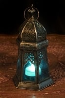 モロッコスタイルの透かし彫りLEDキャンドルランタン〔ロウソク風LEDキャンドル付き〕 - 〔ブルー〕約19×10cm