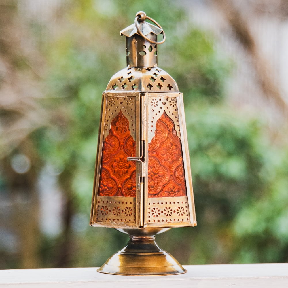 モロッコスタイルの透かし彫りLEDキャンドルランタン〔ロウソク風LEDキャンドル付き〕 - 〔オレンジ〕約21.5cmの個別写真