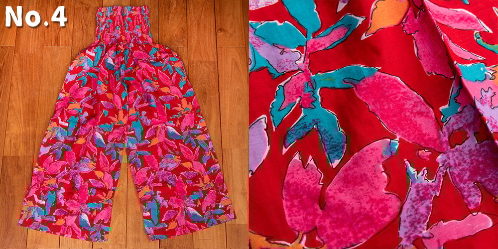 ローライズのカラフルプリントのワイドパンツ4枚目の下部説明写真です