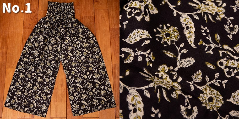 ローライズのカラフルプリントのワイドパンツ1枚目の下部説明写真です