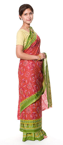 インド品質]インドサリー【ドット】 赤×黄緑 の通販 - TIRAKITA.COM