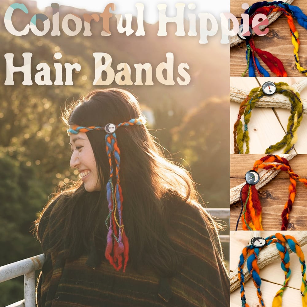 もこもこフェルトのヒッピーヘアバンド - 黄×青×オレンジ×赤×紫系1枚目の説明写真です
