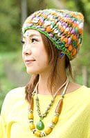 もこもこニット帽-フリース付き 【オレンジ×グリーン系】の個別写真