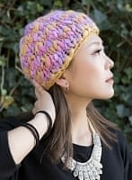 もこもこニット帽-フリース付き 【ライトパープル&イエロー】の個別写真