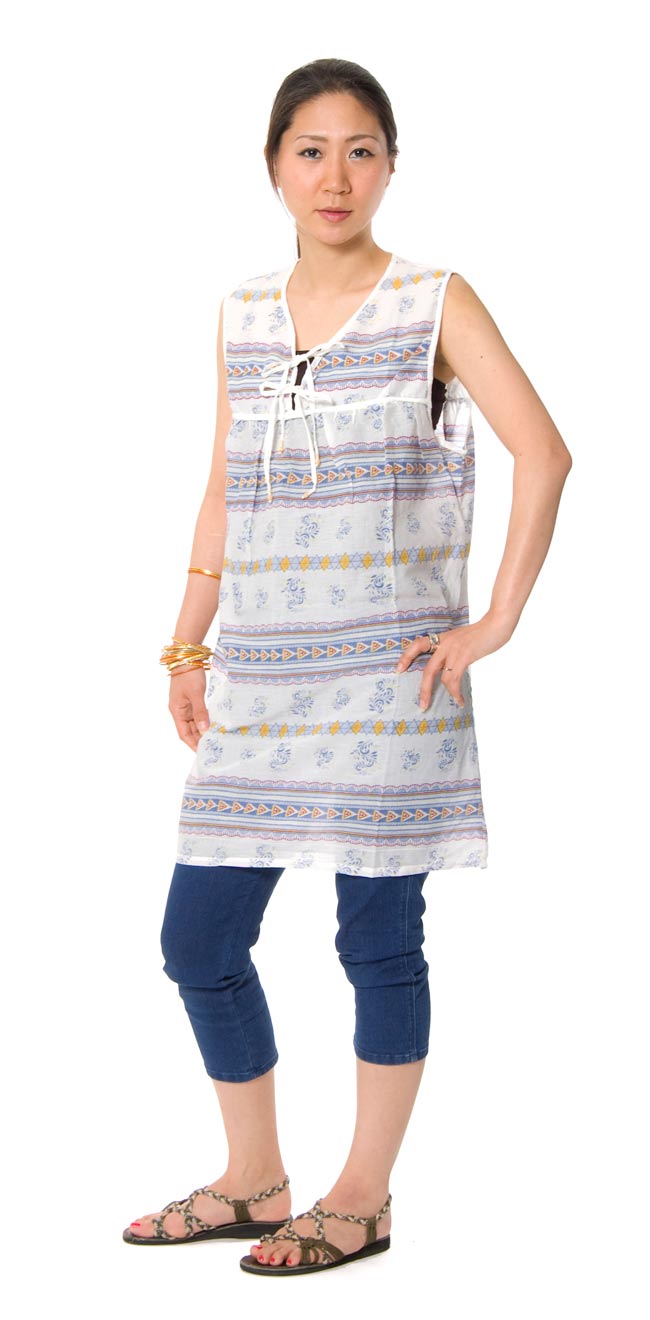 エスニック ボーダー チュニック 【白×ブルー】