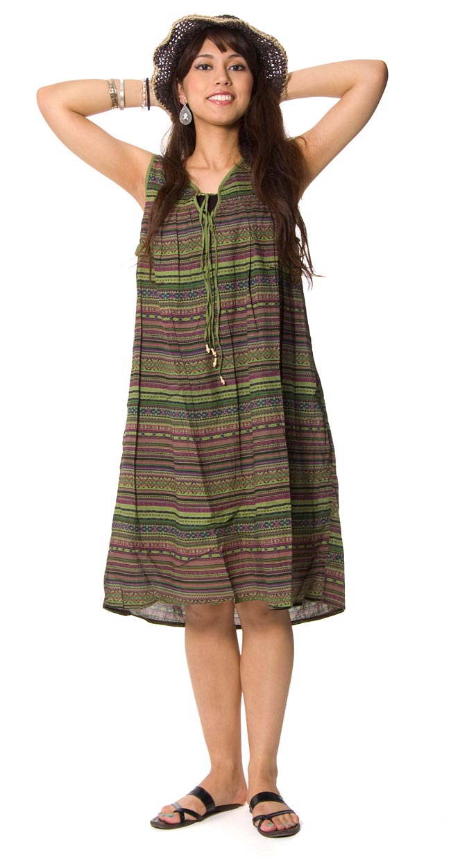 ボーダー リボンワンピース 【緑系】