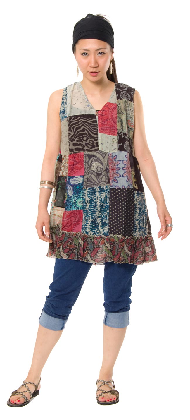 ノースリーブひらひらパッチワークチュニック 【グレー系】