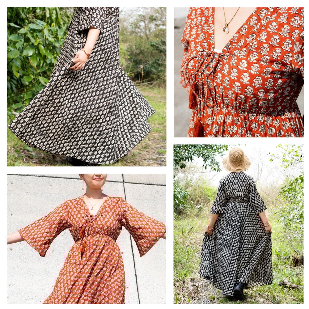 手仕事の温もり インド綿 ウッドブロックプリント フレアワンピース ロング丈2枚目の説明写真です