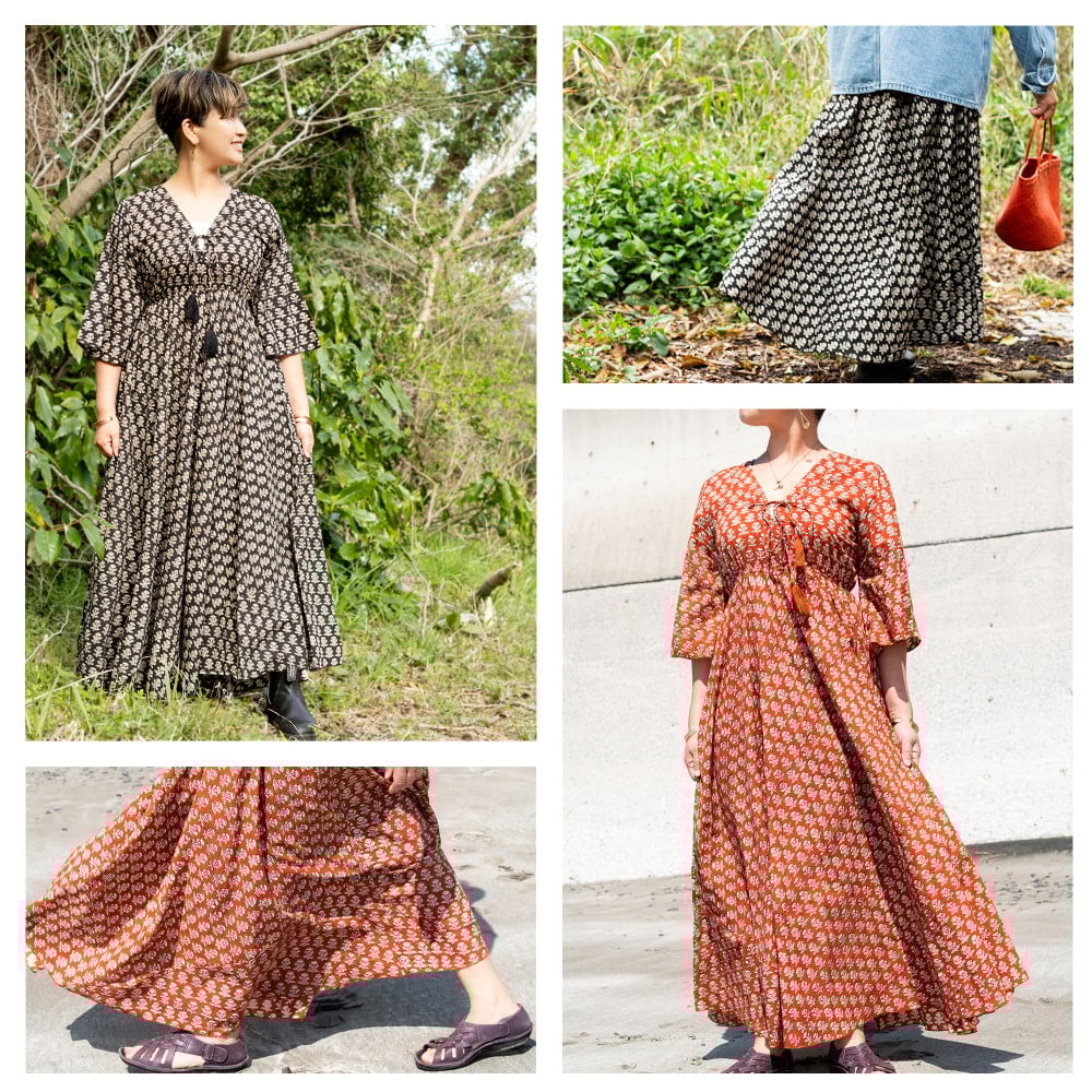 手仕事の温もり インド綿 ウッドブロックプリント フレアワンピース ロング丈3枚目の説明写真です