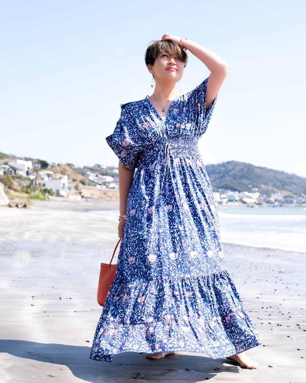 ウッドブロックプリントを贅沢に使った ボヘミアンマキシドレス フレアワンピース ロング丈2枚目の説明写真です