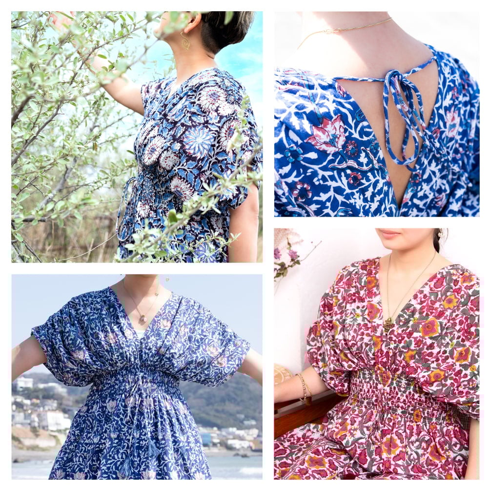 ウッドブロックプリントを贅沢に使った ボヘミアンマキシドレス フレアワンピース ロング丈3枚目の説明写真です