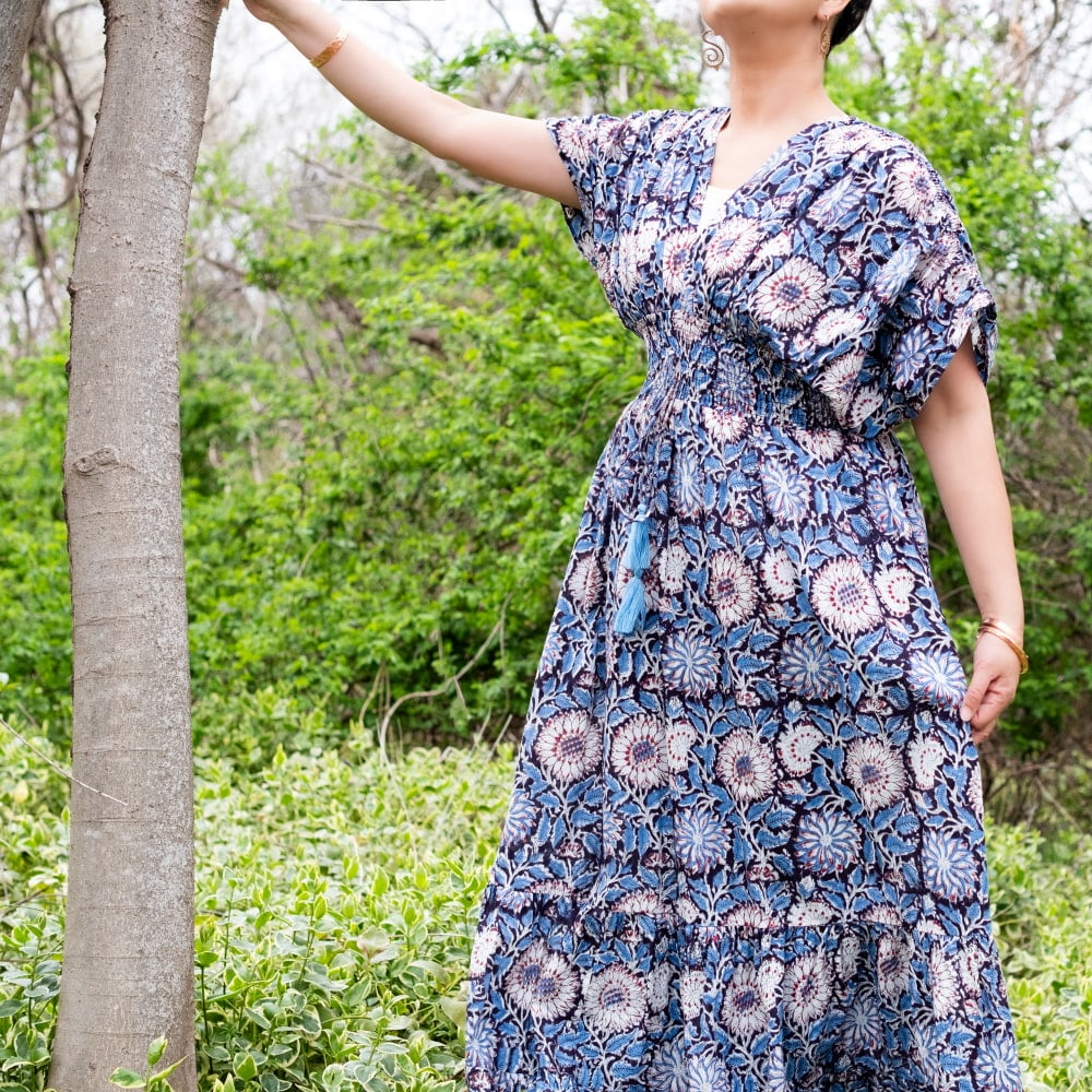 ウッドブロックプリントを贅沢に使った ボヘミアンマキシドレス フレアワンピース ロング丈4枚目の説明写真です