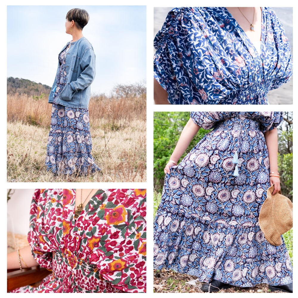 ウッドブロックプリントを贅沢に使った ボヘミアンマキシドレス フレアワンピース ロング丈5枚目の説明写真です