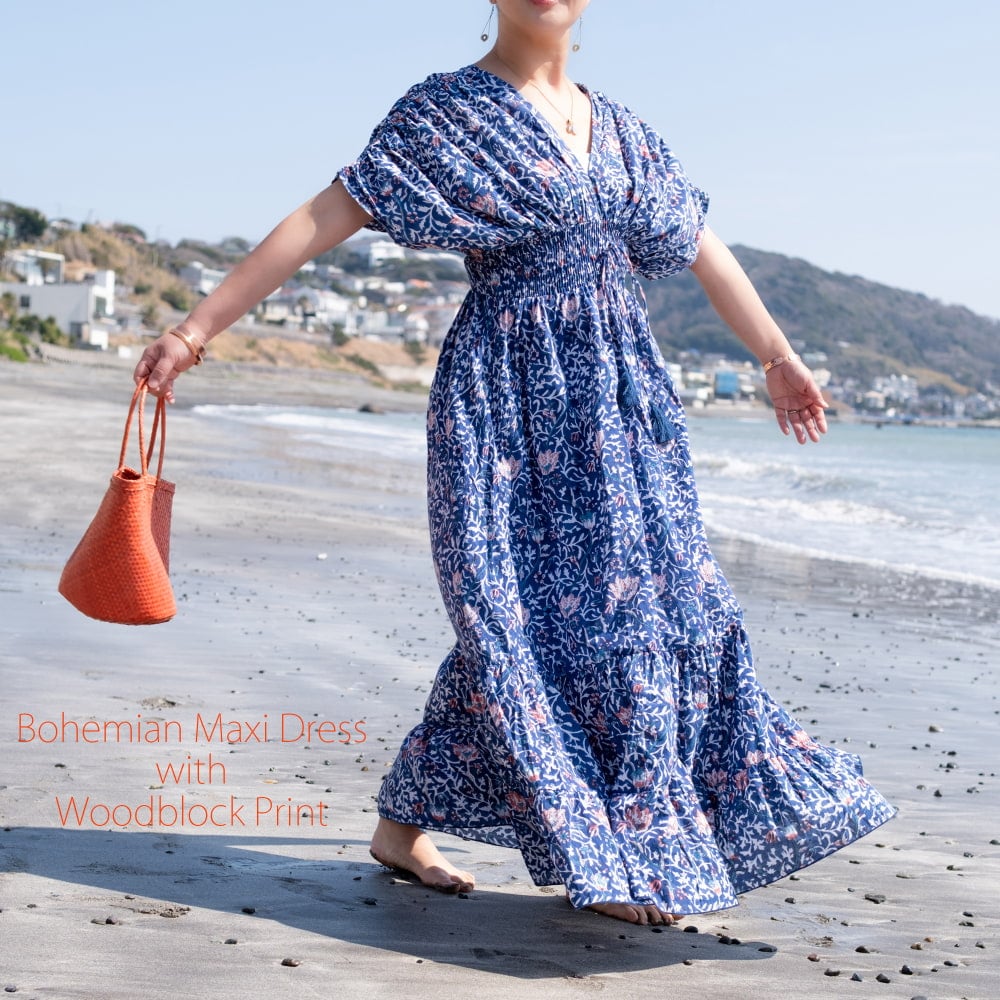 ウッドブロックプリントを贅沢に使った ボヘミアンマキシドレス フレアワンピース ロング丈1枚目の説明写真です