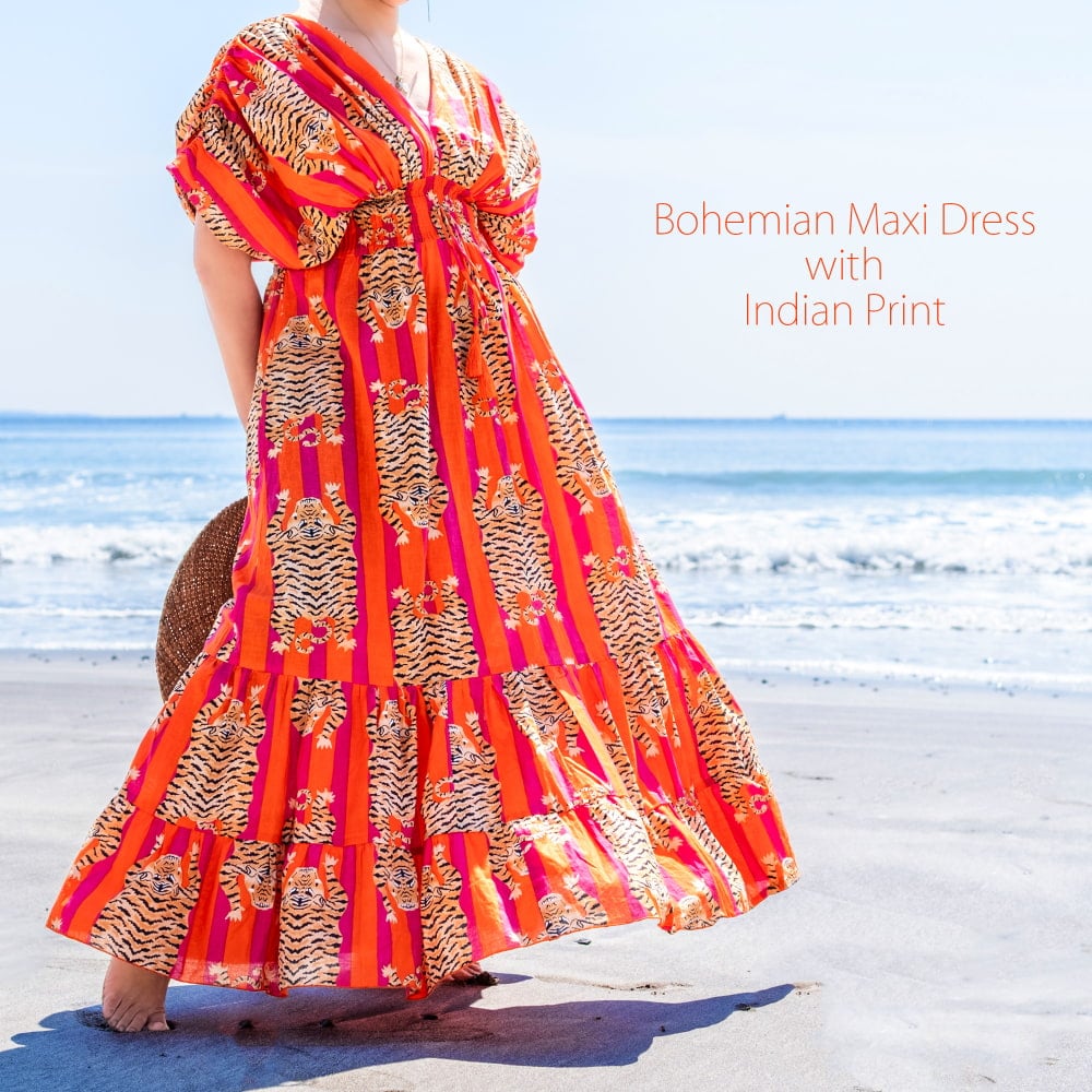 大胆なデザインが魅力的 ボヘミアンマキシドレス フレアワンピース ロング丈1枚目の説明写真です