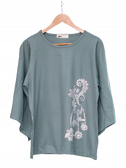 ロータスプリントのコットンベルスリーブTシャツの個別写真