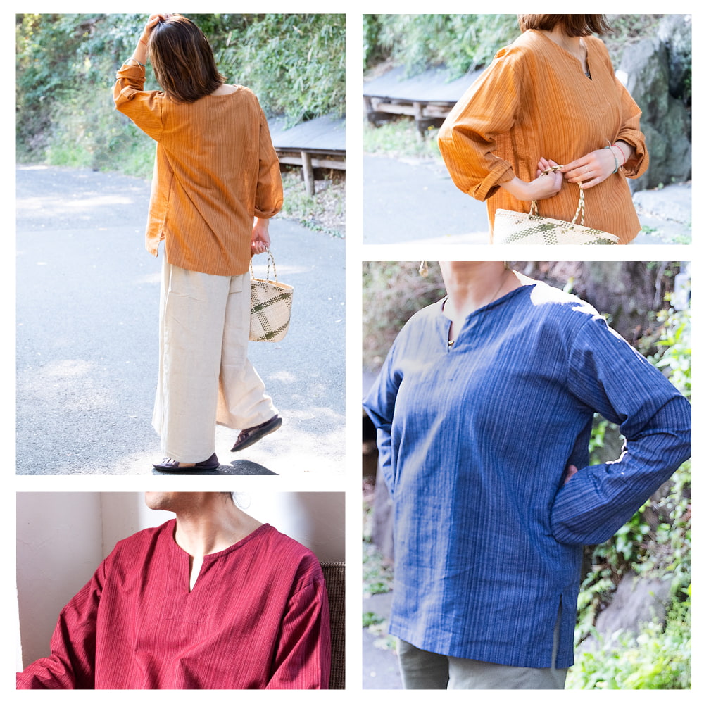 ストライプ織のシンプルクルタ風シャツ4枚目の説明写真です