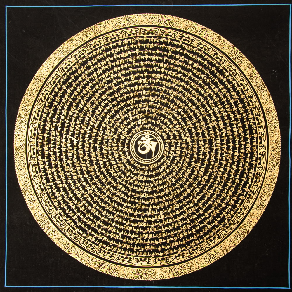 〔一点物〕タンカ - オーンの六字真言マントラ曼荼羅[54x54cm] オン・マニ・ペメ・フム 黒地金彩1枚目の説明写真です
