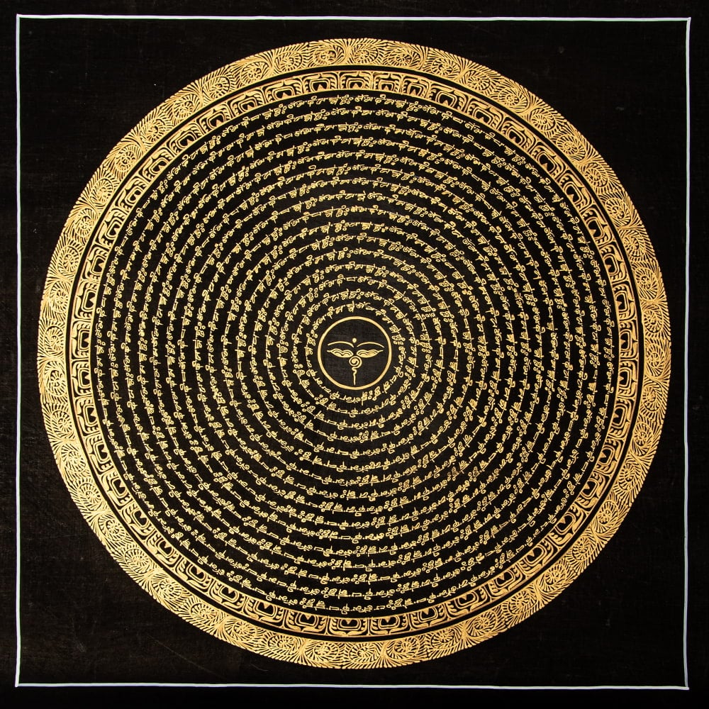 〔一点物〕タンカ - ブッダアイの六字真言マントラ曼荼羅[54x54cm] オン・マニ・ペメ・フム 黒地金彩1枚目の説明写真です