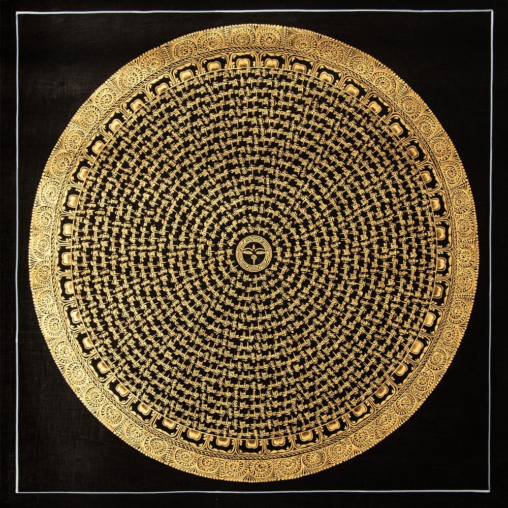 〔一点物〕タンカ - ブッダアイの六字真言マントラ曼荼羅[54x54cm] オン・マニ・ペメ・フム 黒地金彩1枚目の説明写真です