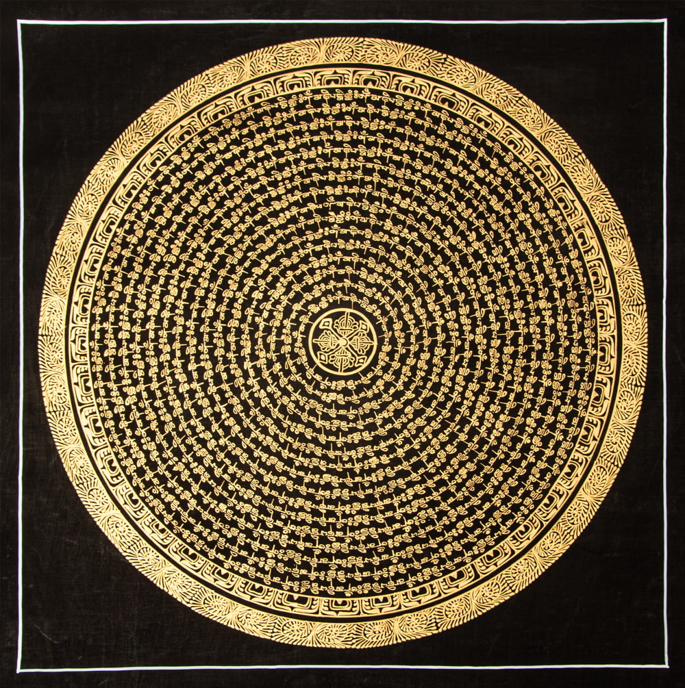 〔一点物〕タンカ - ヴァジュラの六字真言マントラ曼荼羅[54x54cm] オン・マニ・ペメ・フム 黒地金彩1枚目の説明写真です