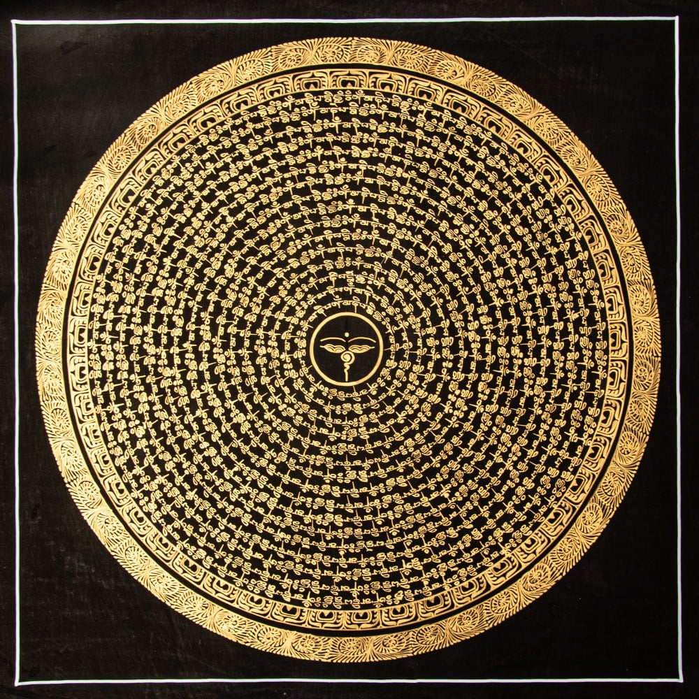 〔一点物〕タンカ - ブッダアイの六字真言マントラ曼荼羅[54x54cm] オン・マニ・ペメ・フム 黒地金彩1枚目の説明写真です
