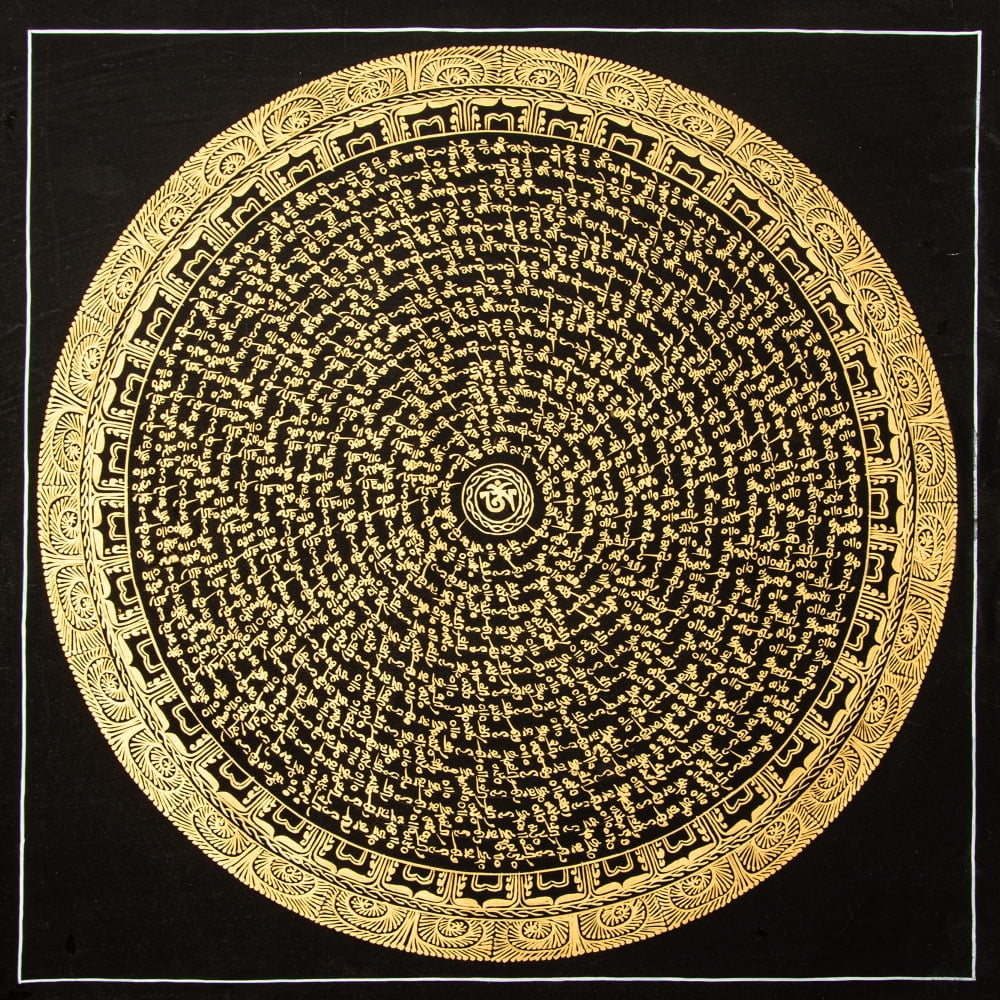 〔一点物〕タンカ - オーンの六字真言マントラ曼荼羅[54x54cm] オン・マニ・ペメ・フム 黒地金彩1枚目の説明写真です