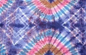 〔195cm*100cm〕ガネーシャ&ヒンドゥー神様のタイダイサイケデリック布 - 紫×水色×ピンク×茶色系の個別写真