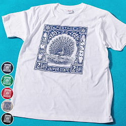 インドの伝統と芸術が息づく、幸運を運ぶ孔雀デザイン　アンティーク調　Tシャツ 5.6oz生地 綿 コットン100%
