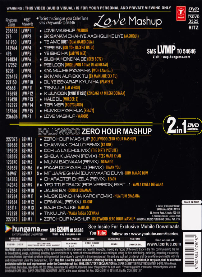 LOVE MASHUP ／ BOLLYWOOD ZERO HOUR MASHUP[2 in 1 DVD] 2 - ジャケット裏です