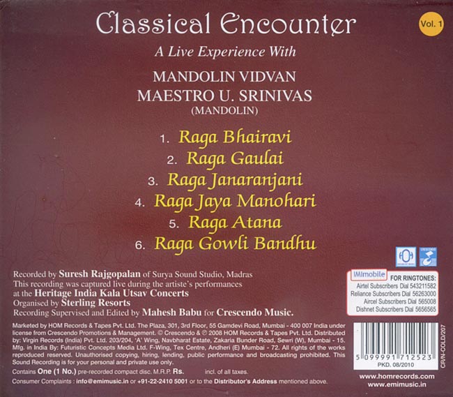 Classical Encounters - A Live Experience With Mandolin Vidvan Maestro U. Srinivas - Vol. 1 2 -