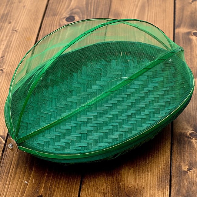 ネット付きアジアン籠 楕円・中 グリーン 2 - 閉めてみました。ネットの程よい透け感が優しい印象です。